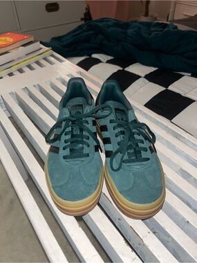 adidas Teal Suede Sneakers with Black Stripes and Gum Sole